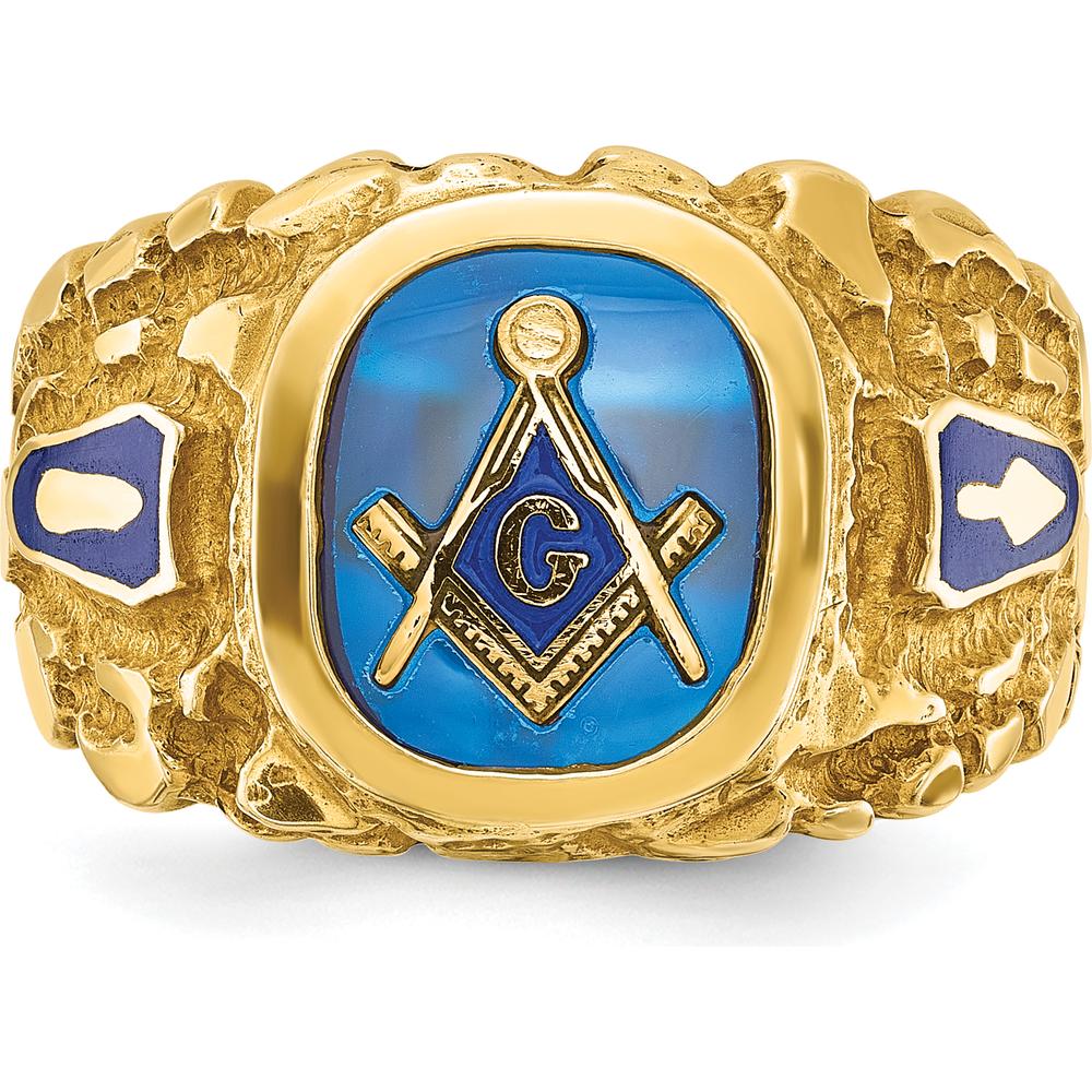 10K Yellow Gold Men's Masonic Ring with Lab Created Sapphire - 12x10 mm Cushion Cut by IBGoodman