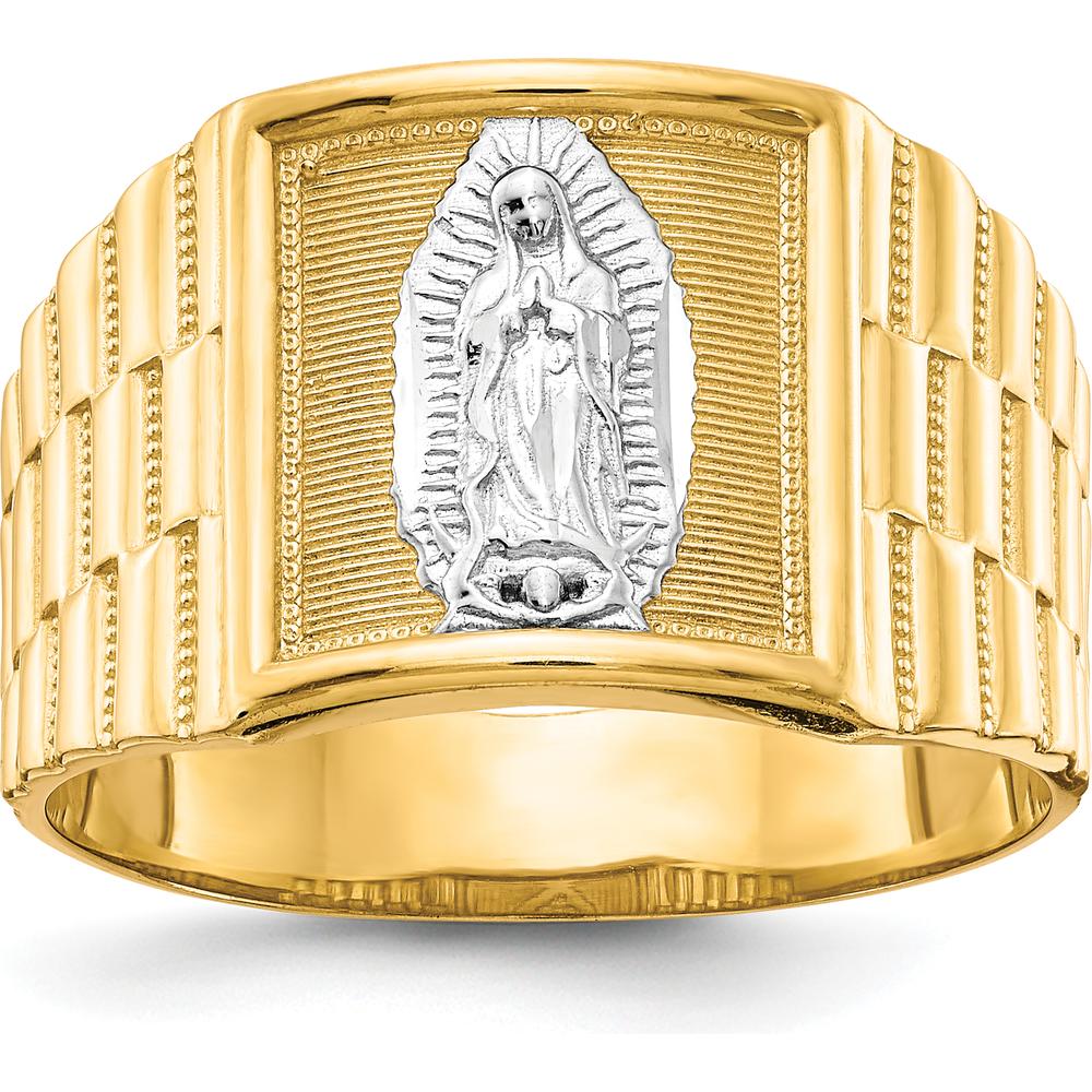 10K Yellow Gold Men's Our Lady of Guadalupe Ring with Rhodium Accent