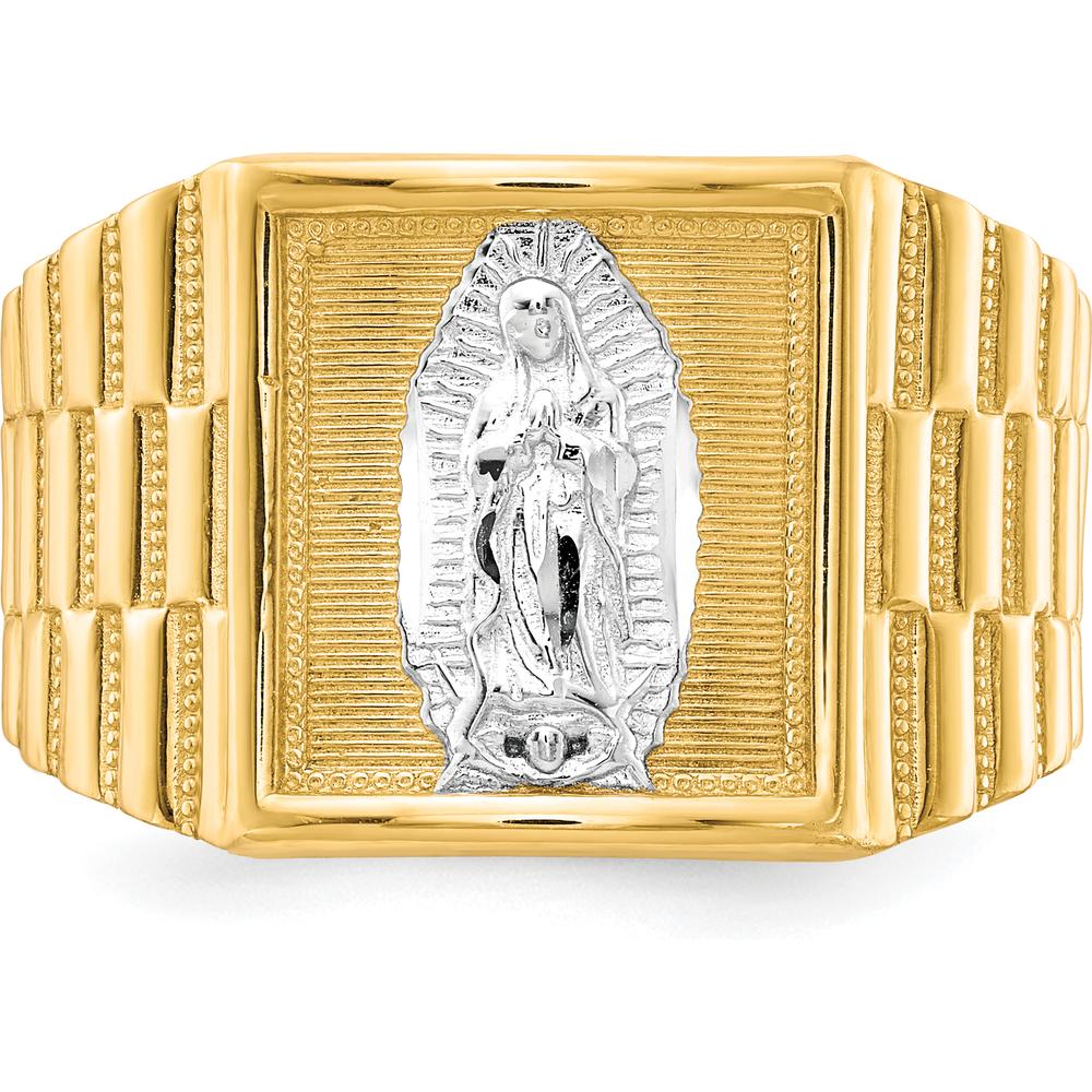 10K Yellow Gold Men's Our Lady of Guadalupe Ring with Rhodium Accent