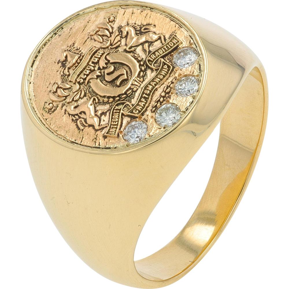 10K Yellow Gold Men's Oval Crest Ring with 0.12 Carat Round Diamonds - 4 Stone Detail
