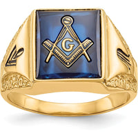 10K Yellow Gold Men's Polished and Antiqued Masonic Ring with Cushion Cut Lab-Created Blue Spinel - 12x10mm