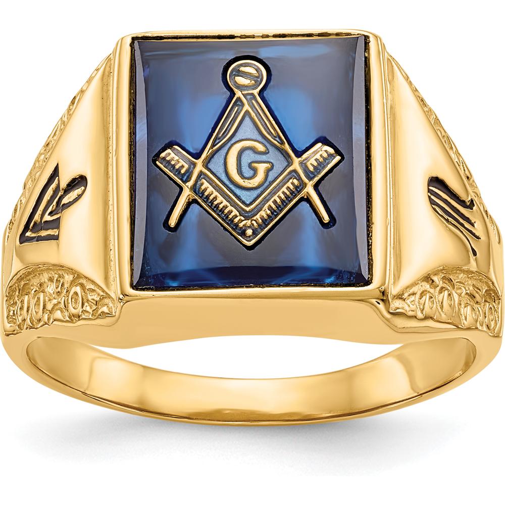 10K Yellow Gold Men's Polished and Antiqued Masonic Ring with Cushion Cut Lab-Created Blue Spinel - 12x10mm