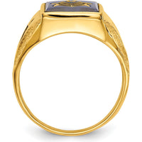 10K Yellow Gold Men's Polished and Antiqued Masonic Ring with Cushion Cut Lab-Created Blue Spinel - 12x10mm