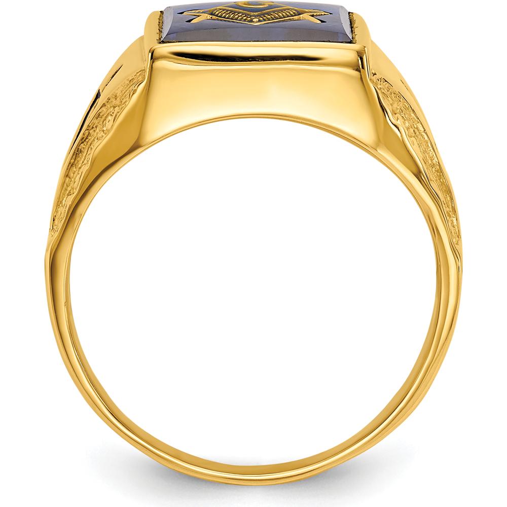 10K Yellow Gold Men's Polished and Antiqued Masonic Ring with Cushion Cut Lab-Created Blue Spinel - 12x10mm