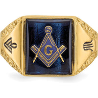 10K Yellow Gold Men's Polished and Antiqued Masonic Ring with Cushion Cut Lab-Created Blue Spinel - 12x10mm