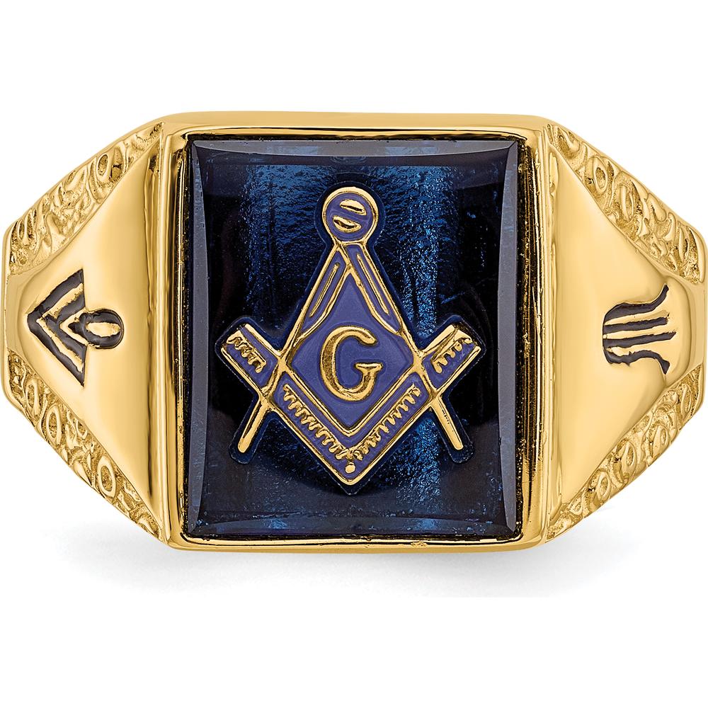 10K Yellow Gold Men's Polished and Antiqued Masonic Ring with Cushion Cut Lab-Created Blue Spinel - 12x10mm