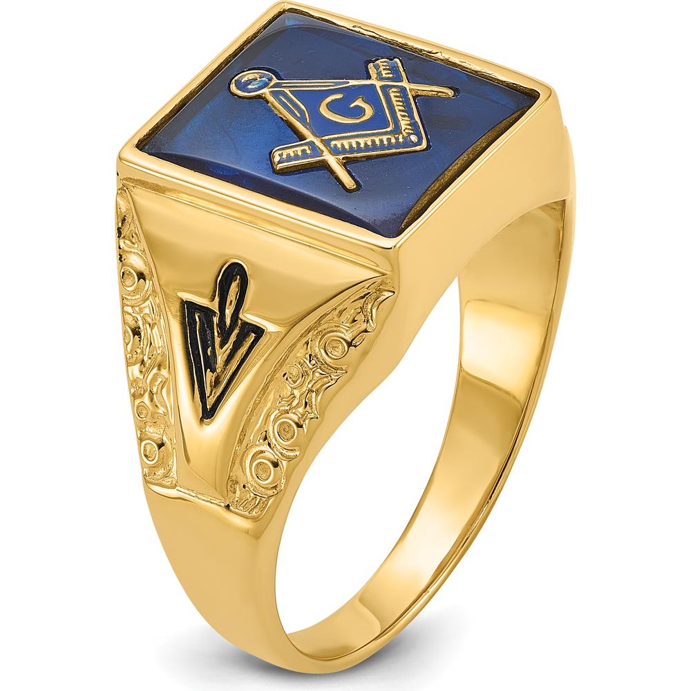 10K Yellow Gold Men's Polished and Antiqued Masonic Ring with Cushion Cut Lab-Created Blue Spinel - 12x10mm