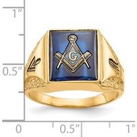 10K Yellow Gold Men's Polished and Antiqued Masonic Ring with Cushion Cut Lab-Created Blue Spinel - 12x10mm