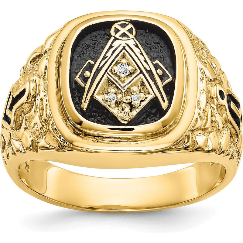 10K Yellow Gold Men's Polished and Antiqued Masonic Ring with Round Diamonds - 0.04 Carat Total Diamond Weight