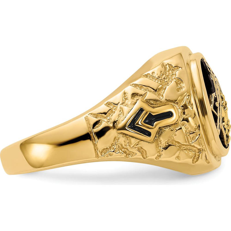 10K Yellow Gold Men's Polished and Antiqued Masonic Ring with Round Diamonds - 0.04 Carat Total Diamond Weight