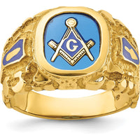 10K Yellow Gold Men's Polished and Nugget Textured Masonic Lodge Master Ring with Blue Enamel Emblem by IBGoodman