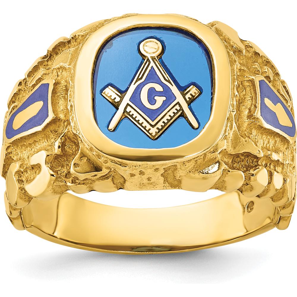 10K Yellow Gold Men's Polished and Nugget Textured Masonic Lodge Master Ring with Blue Enamel Emblem by IBGoodman