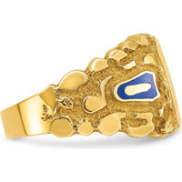 10K Yellow Gold Men's Polished and Nugget Textured Masonic Lodge Master Ring with Blue Enamel Emblem by IBGoodman