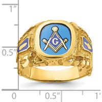 10K Yellow Gold Men's Polished and Nugget Textured Masonic Lodge Master Ring with Blue Enamel Emblem by IBGoodman