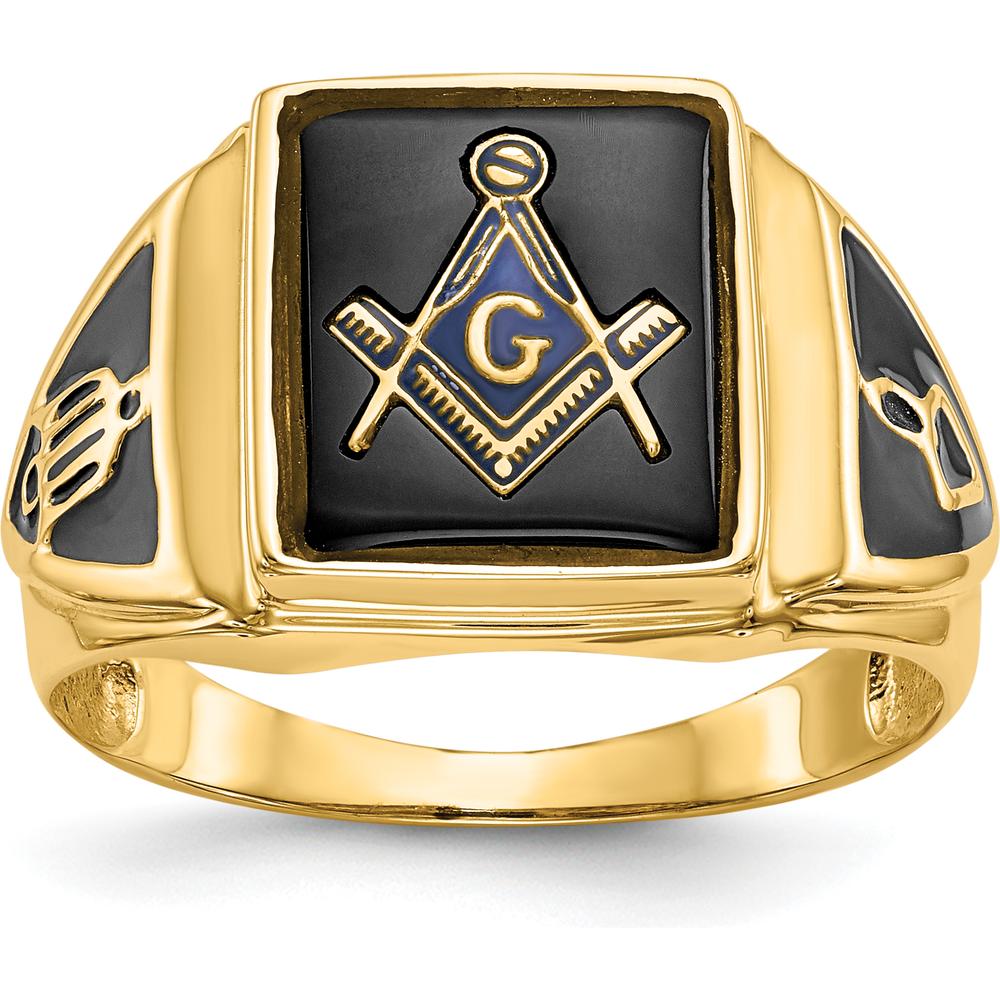 10K Yellow Gold Men's Polished, Antiqued & Textured Onyx Masonic Ring with Cushion-Cut Onyx - 12x10mm Stone