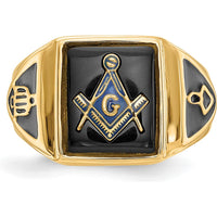 10K Yellow Gold Men's Polished, Antiqued & Textured Onyx Masonic Ring with Cushion-Cut Onyx - 12x10mm Stone