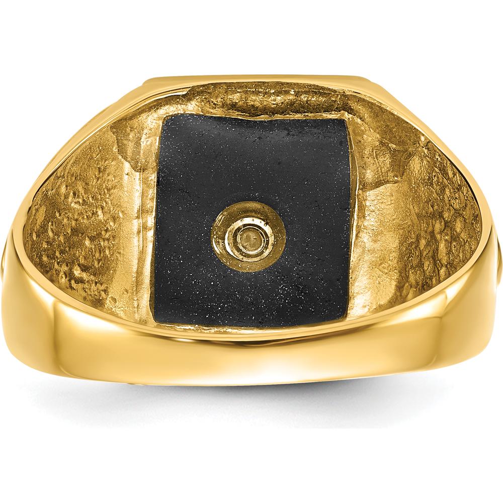 10K Yellow Gold Men's Polished, Antiqued & Textured Onyx Masonic Ring with Cushion-Cut Onyx - 12x10mm Stone