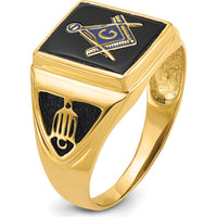 10K Yellow Gold Men's Polished, Antiqued & Textured Onyx Masonic Ring with Cushion-Cut Onyx - 12x10mm Stone