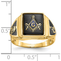 10K Yellow Gold Men's Polished, Antiqued & Textured Onyx Masonic Ring with Cushion-Cut Onyx - 12x10mm Stone
