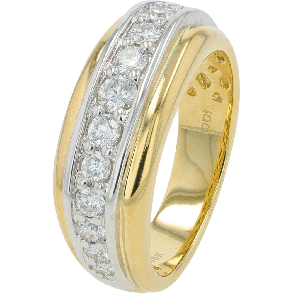 10K Yellow Gold Men's Ring with 1.00 Carat Prong - Set Round Diamonds in White Gold Channel