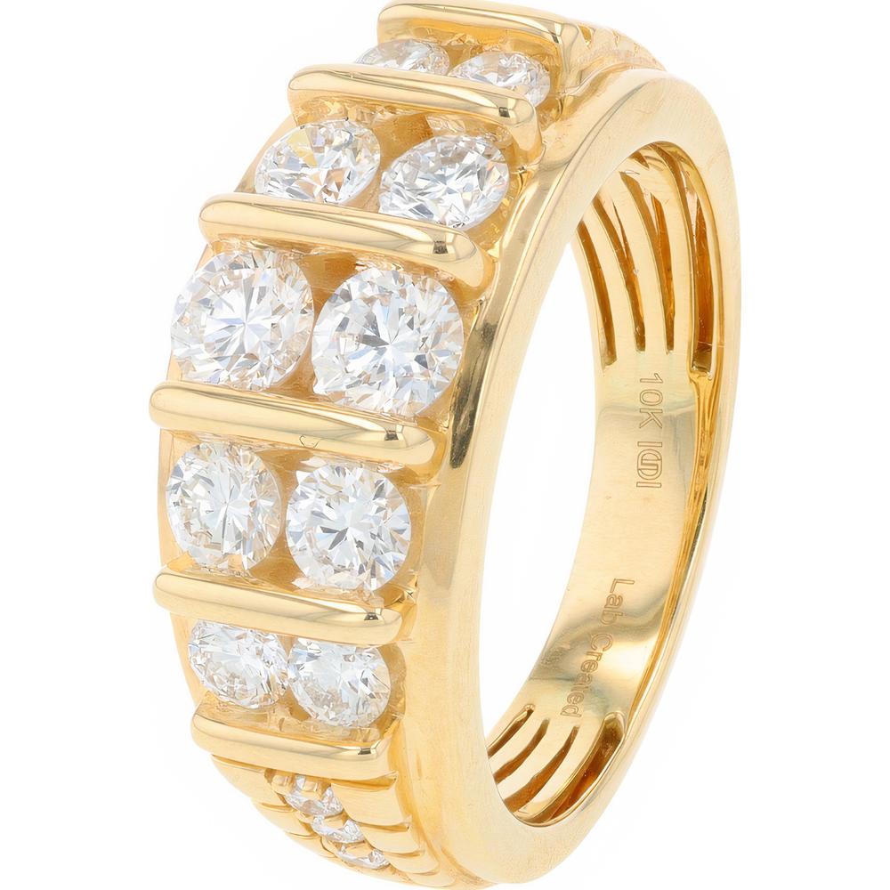 10K Yellow Gold Mens Ring with 2.00 Carat Total Lab Grown Round Diamonds - Bar Set