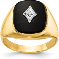 10K Yellow Gold Men's Ring with Round Faceted Diamond and Onyx Accent - 0.01 Carat Diamond Weight
