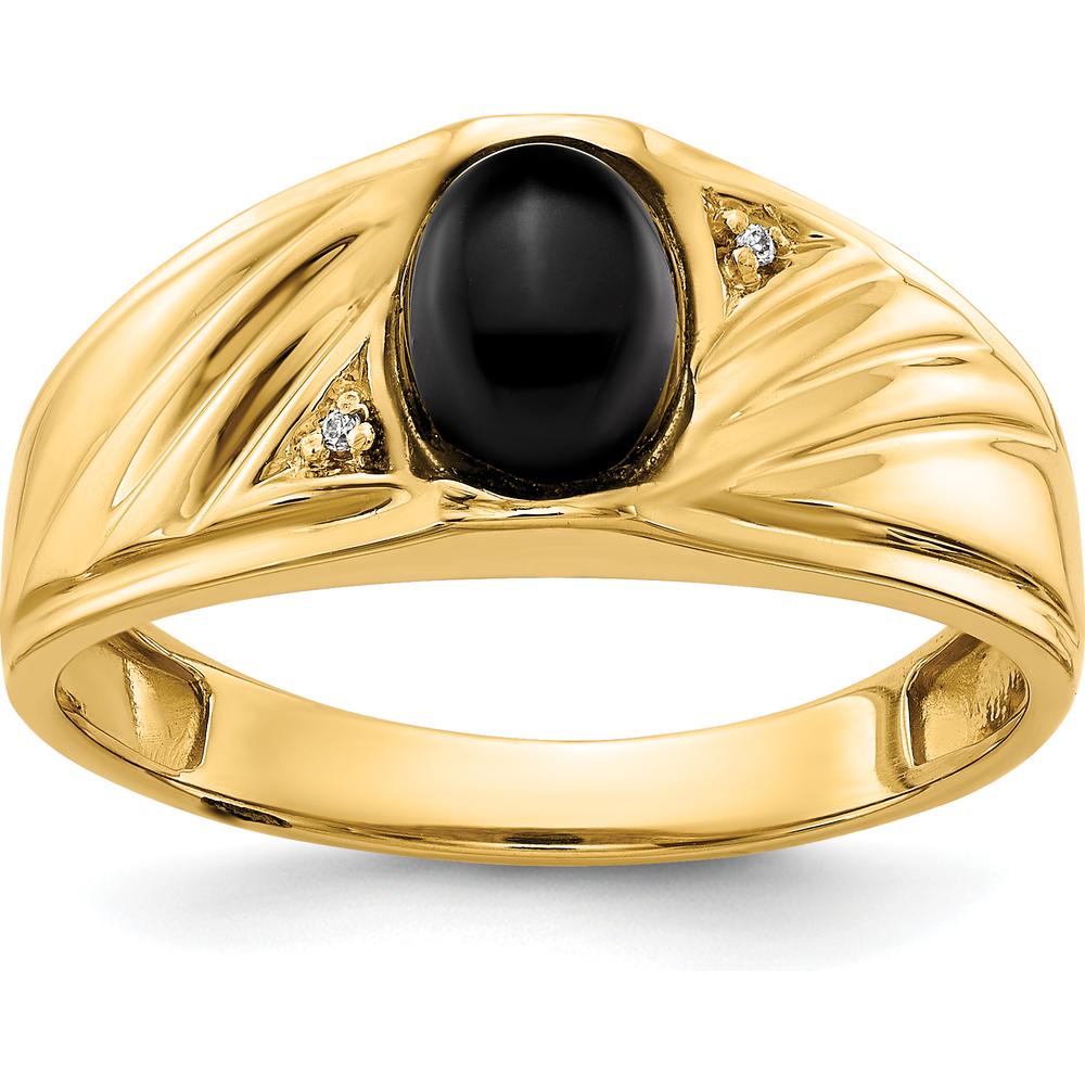10K Yellow Gold Men's Ring with Round Faceted Diamonds and Oval Cabochon Onyx