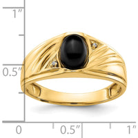 10K Yellow Gold Men's Ring with Round Faceted Diamonds and Oval Cabochon Onyx