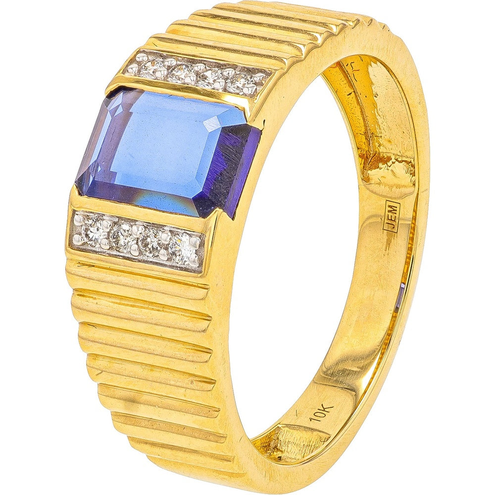 10K Yellow Gold Men's Ring with Step-Cut Created Sapphire and Diamond Accents - 0.10 Carat Total Diamond Weight