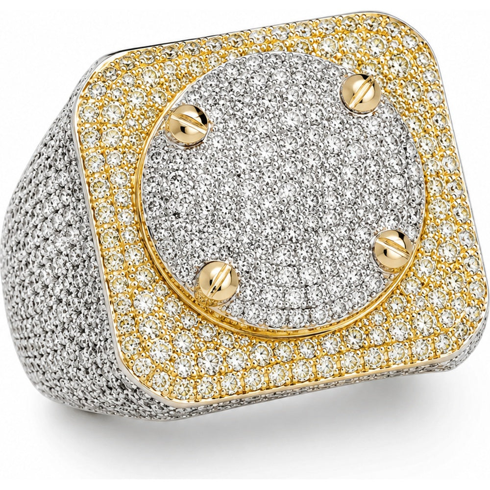 10K Yellow Gold Men's Square Two-Tone Statement Ring with Pavé Set Round Diamonds - 1.98 Carat Total Diamond Weight by Auriventus