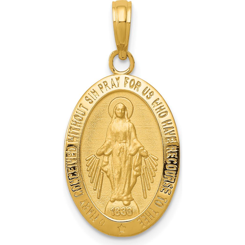10K Yellow Gold Miraculous Medal Pendant with Engraved Virgin Mary - 27mm Length