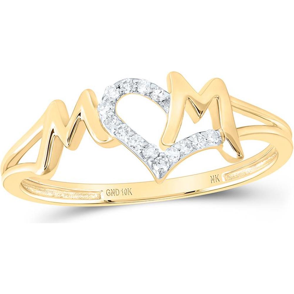 10K Yellow Gold "MOM" Ring with Round Diamond Heart Accent - 1/12 Carat Total Diamond Weight