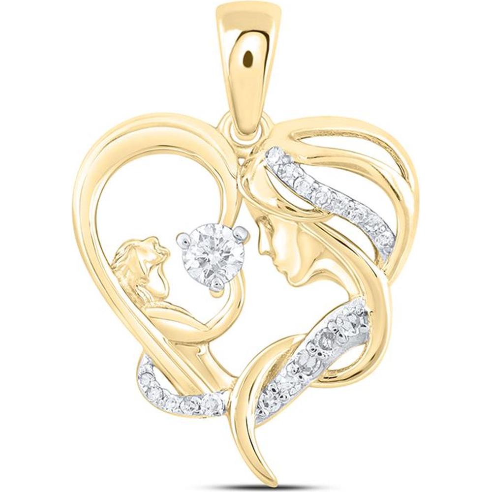 10K Yellow Gold Mother and Child Heart Pendant with Prong and Pavé Set Round Diamonds - 1/6 Carat Total Diamond Weight