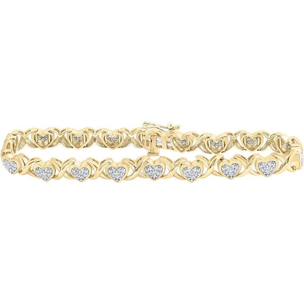 10K Yellow Gold Motif Heart Link Bracelet with Prong Set Round Diamonds - 1.00 Carat Total Diamond Weight