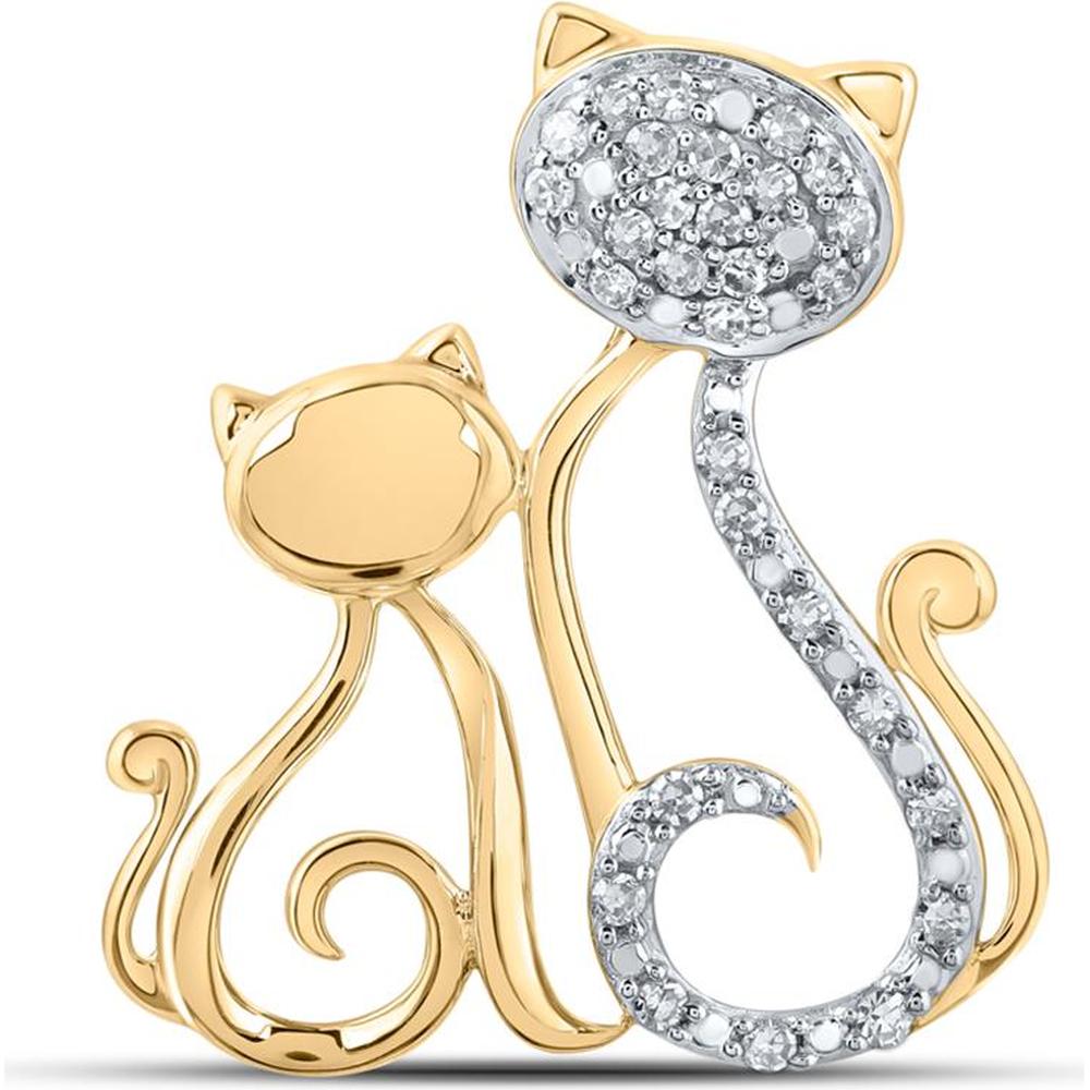10K Yellow Gold Motif Pendant with Prong-Set Round Diamonds in Cat Mom and Child Design - 0.12 Carat Total Diamond Weight