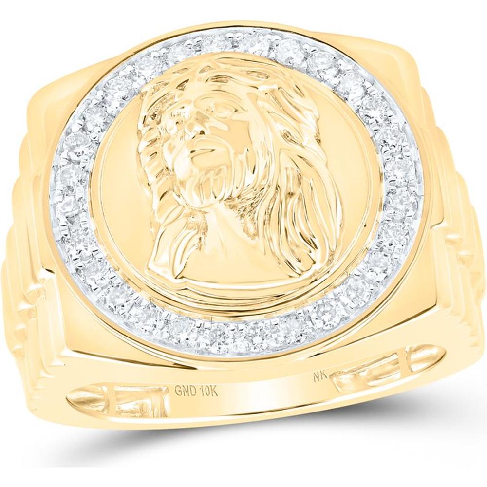 10K Yellow Gold Motif Ring with Prong-Set Round Diamond Halo and Jesus Medallion - 0.50 Carat Total Diamond Weight