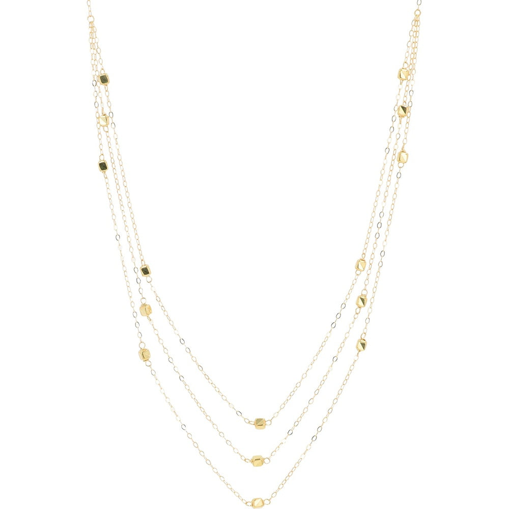10K Yellow Gold Multi-Strand Layered Necklace with Geometric Polished Stations - 16 Inches in Length