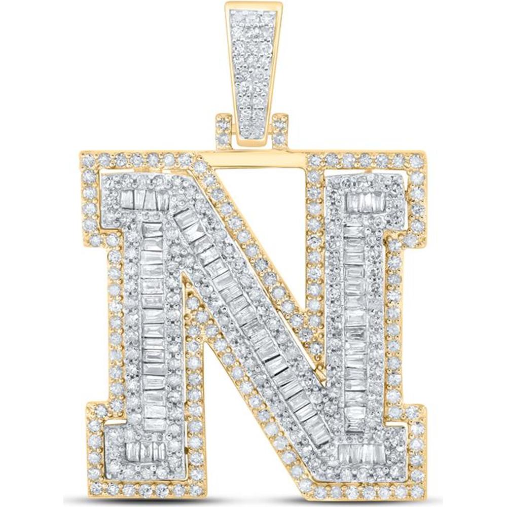 10K Yellow Gold "N" Initial Letter Charm Pendant with Round and Baguette Diamonds - 1.43 Carat Total Diamond Weight