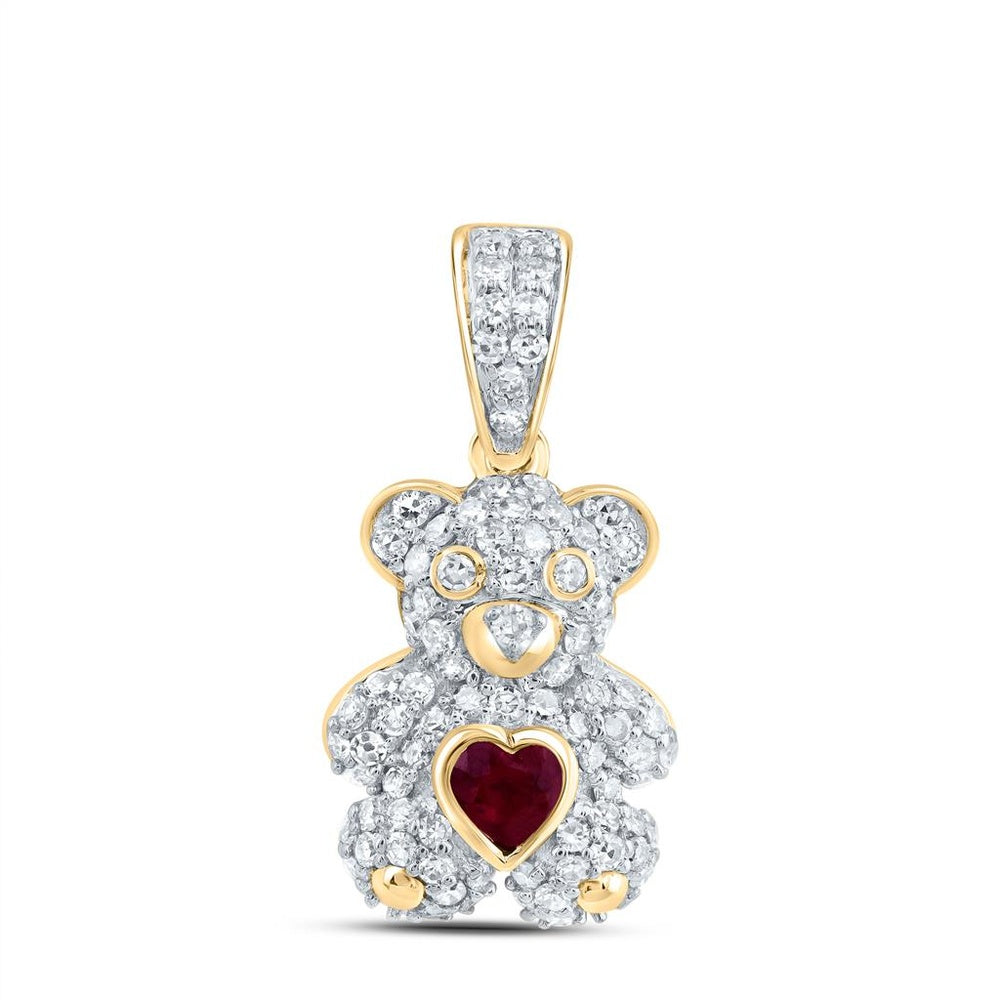 10K Yellow Gold Natural Diamond 3X3 mm Hs Ru Heart Teddy Bear Pendant - 1/2 Carat Total Gemstone Weight