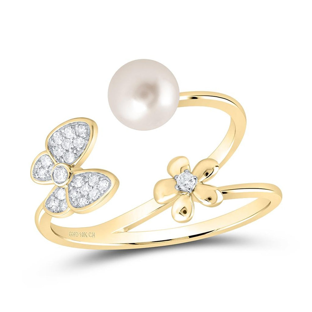 10K Yellow Gold Natural Diamond 6 mm Pearl Butterfly Ring - 1 1/2 Carat Total Gemstone Weight