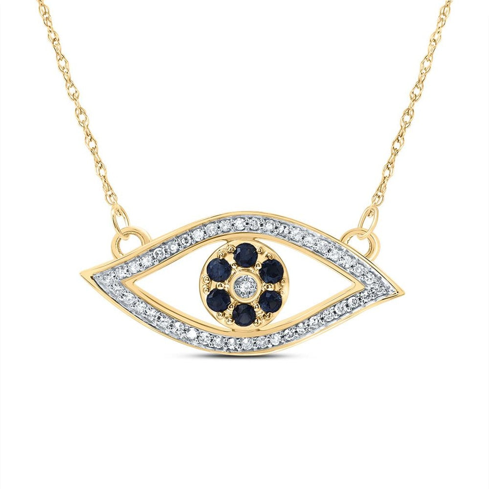 10K Yellow Gold Natural Diamond Blue Sapphire Evil Eye Necklace(18 Inch) - 3/8 Carat Total Diamond Weight