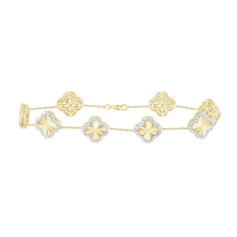 10K Yellow Gold Natural Diamond Clover Bracelet (7 Inch) - 1 Carat Total Diamond Weight