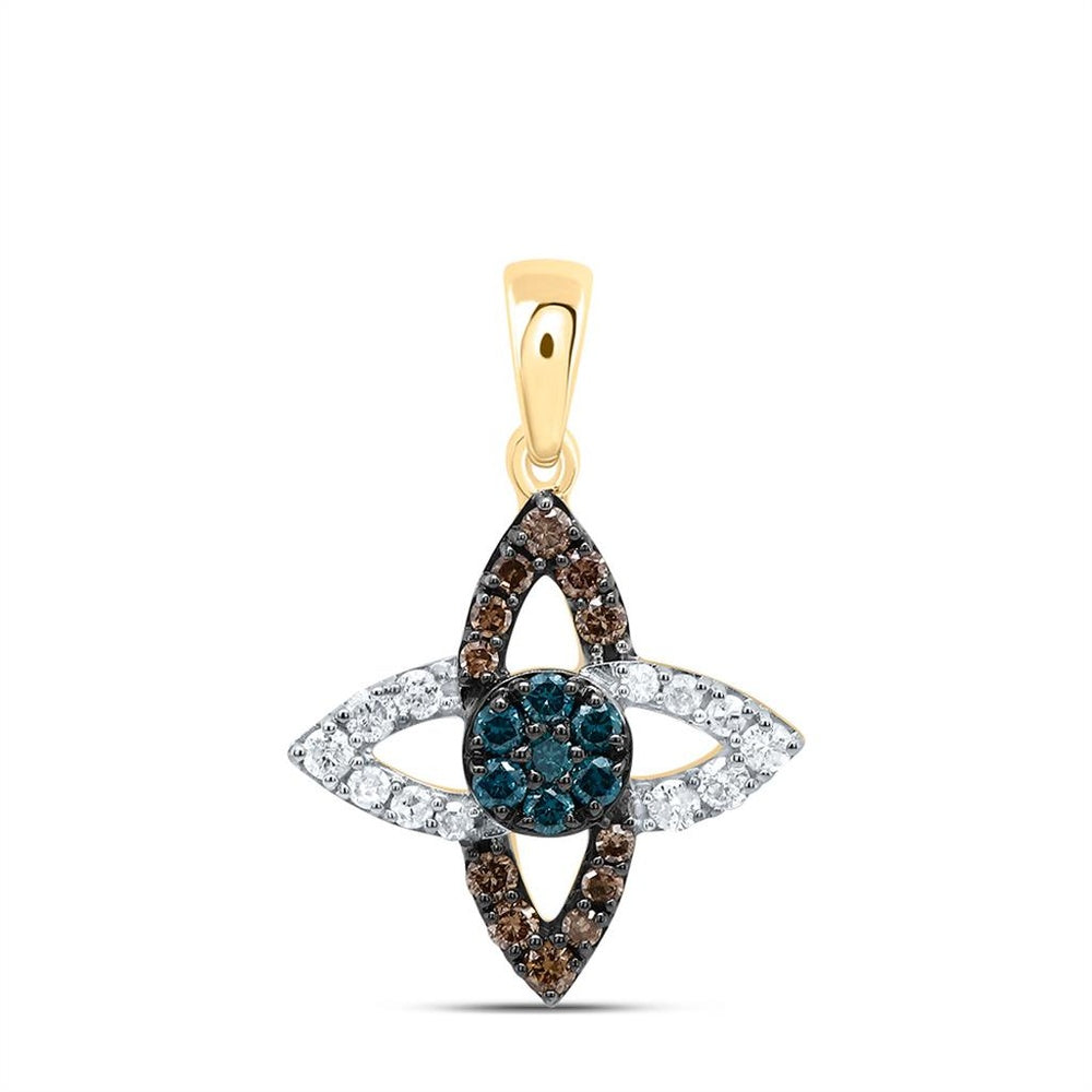 10K Yellow Gold Natural Diamond Cognac Natural, Blue Dia Pendant - 1/3 Carat Total Diamond Weight
