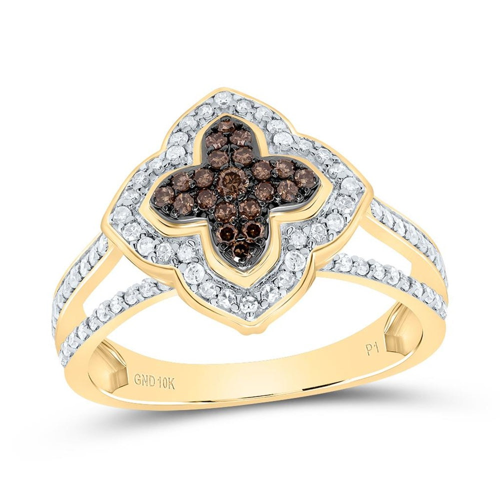 10K Yellow Gold Natural Diamond Cognac Natural Clover Ring - 5/8 Carat Total Diamond Weight