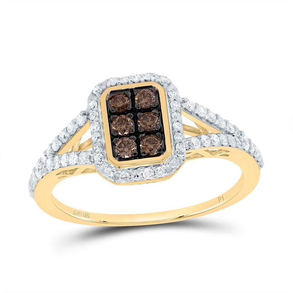 10K Yellow Gold Natural Diamond Cognac Natural Emerald Ring - 1/2 Carat Total Gemstone Weight