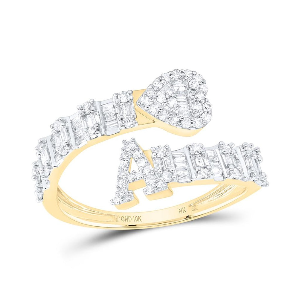 10K Yellow Gold Natural Diamond Initial "A" Heart Cuff Ring - 1/2 Carat Total Diamond Weight