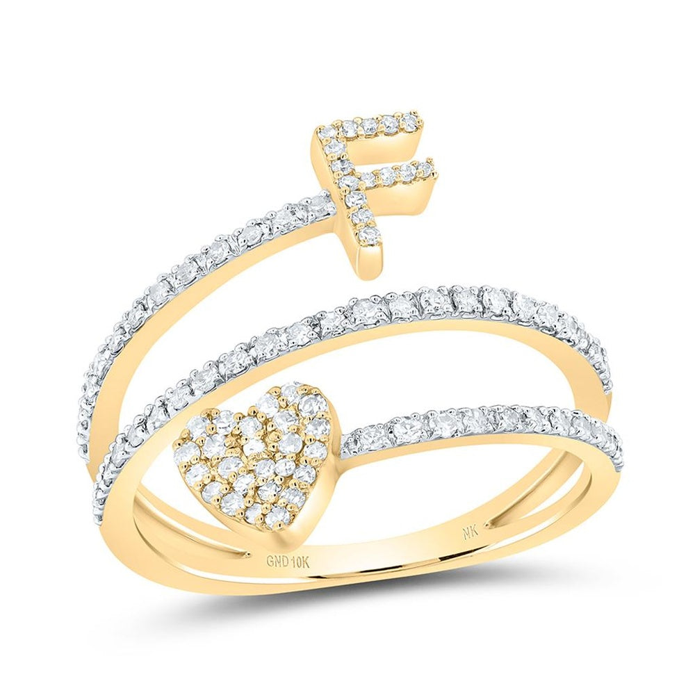 10K Yellow Gold Natural Diamond Initial "F" Heart Ring - 3/8 Carat Total Diamond Weight