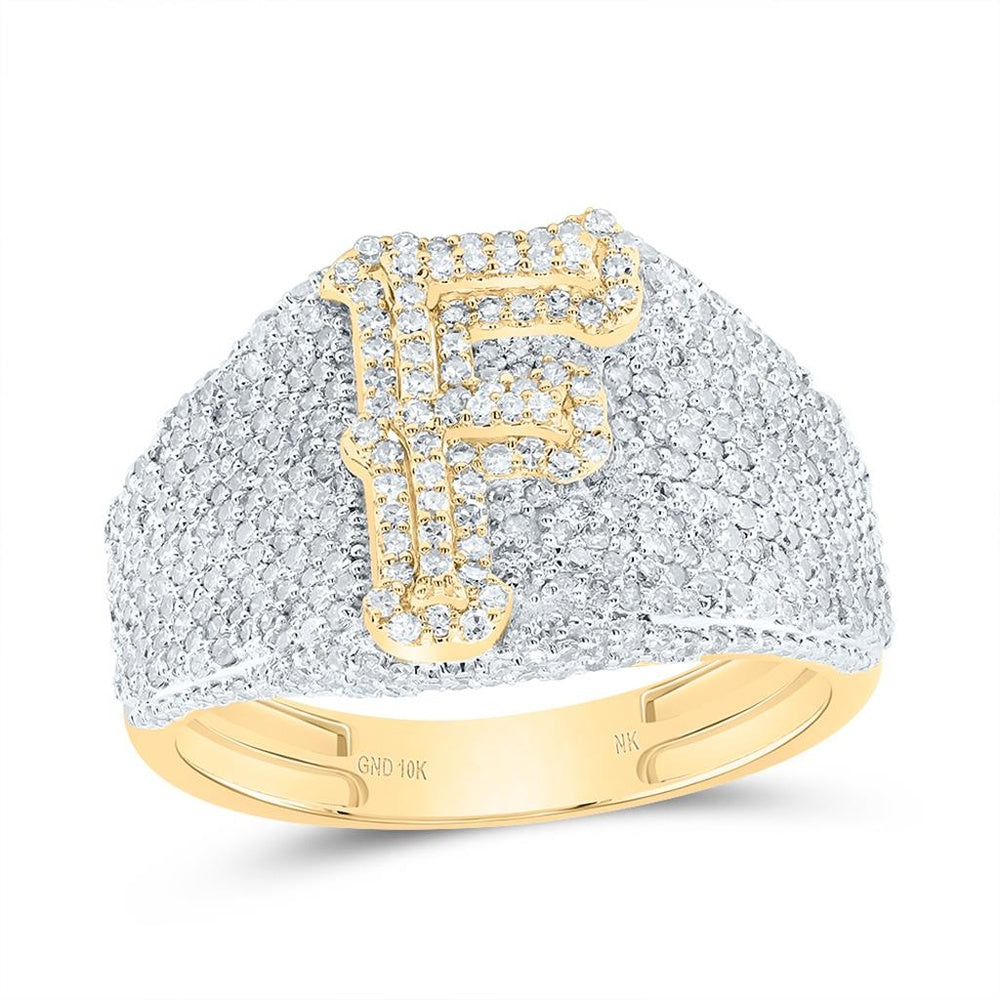 10K Yellow Gold Natural Diamond Initial "F" Men's Ring - 1 5/8 Carat Total Diamond Weight