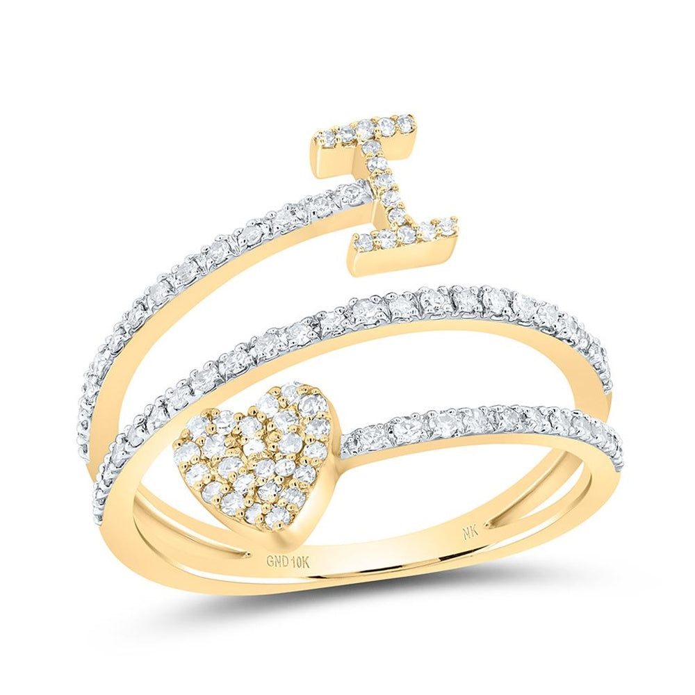 10K Yellow Gold Natural Diamond Initial "I" Heart Ring - 3/8 Carat Total Diamond Weight