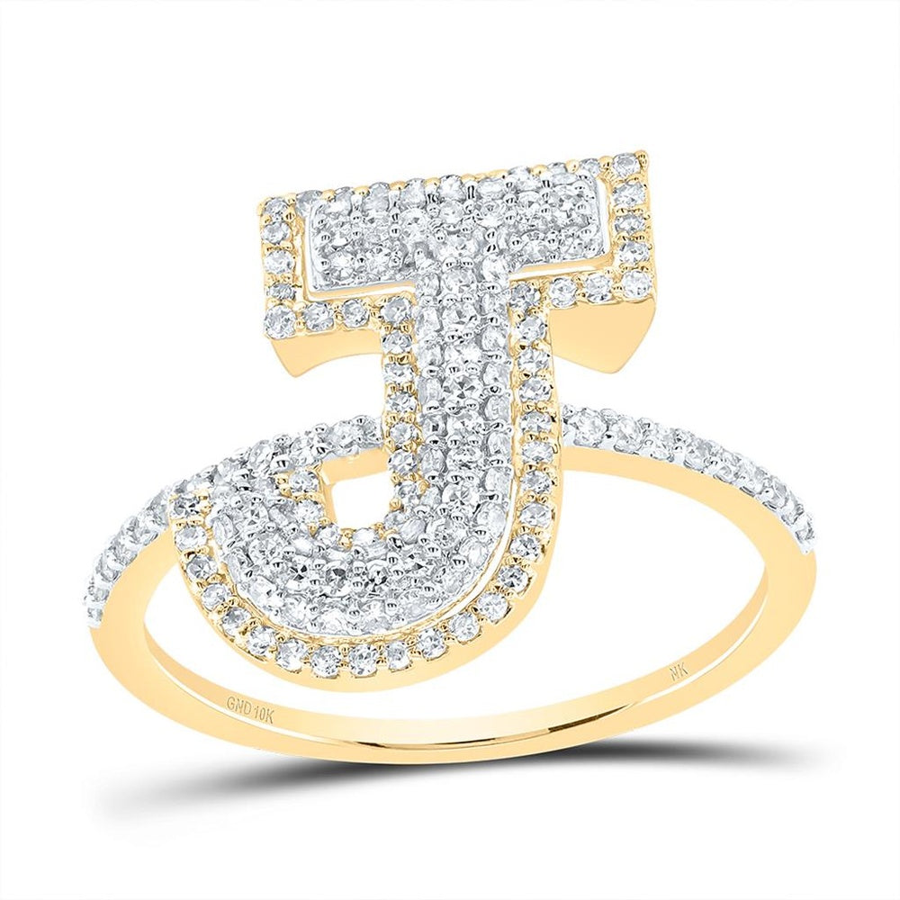 10K Yellow Gold Natural Diamond Initial "J" Ring - 1/2 Carat Total Diamond Weight